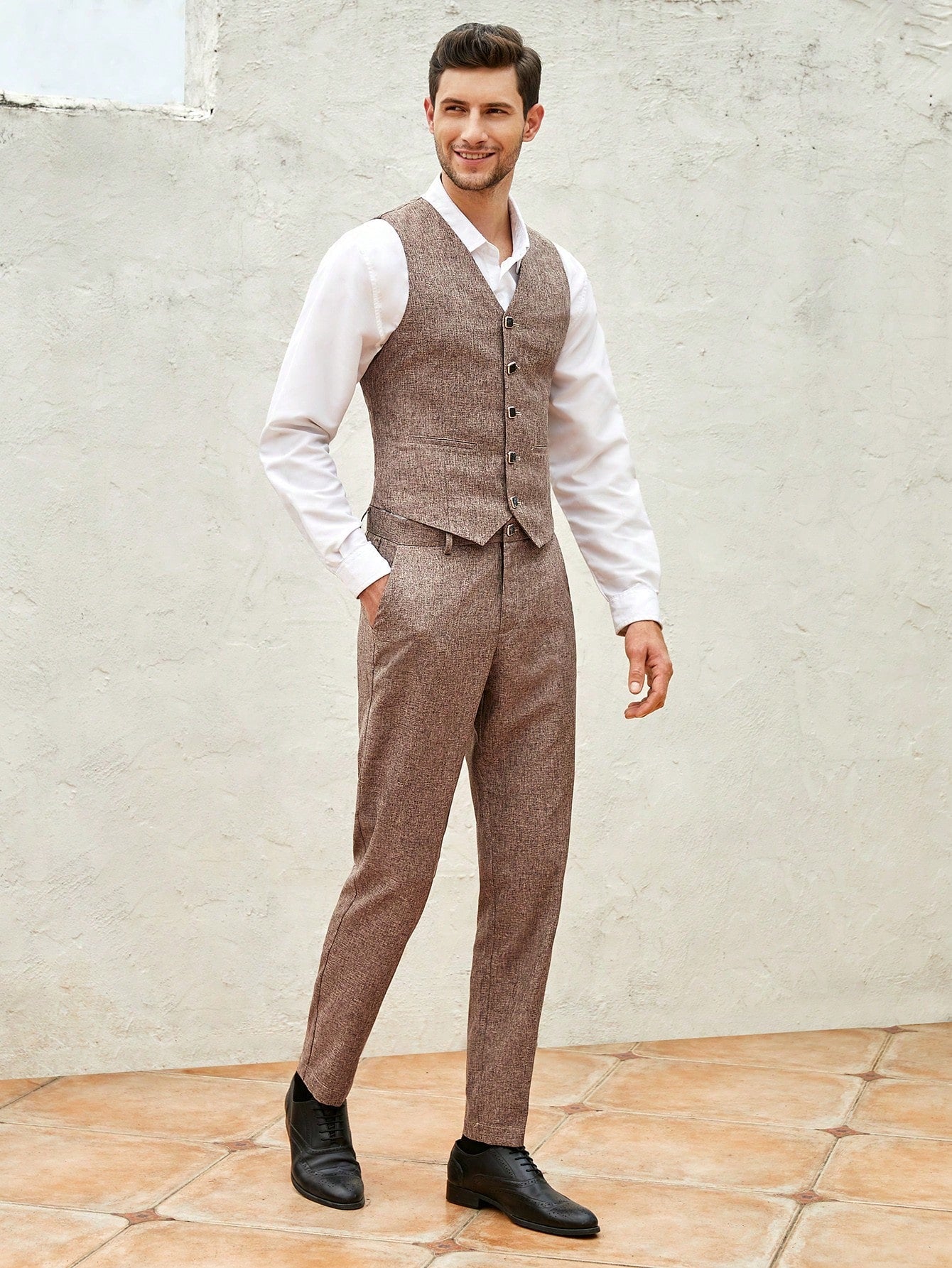 Manfinity Mode Men Linen Look Waistcoat & Suit Pants Without Shirt