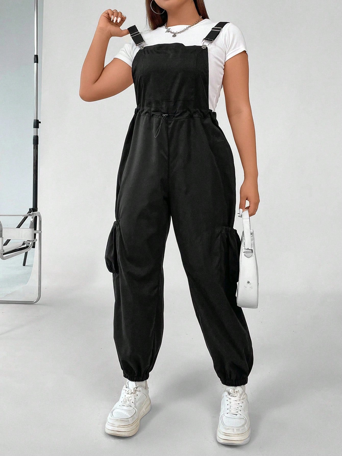 Plus Drawstring Waist Pocket Side Pinafore Jumpsuit Without Tee