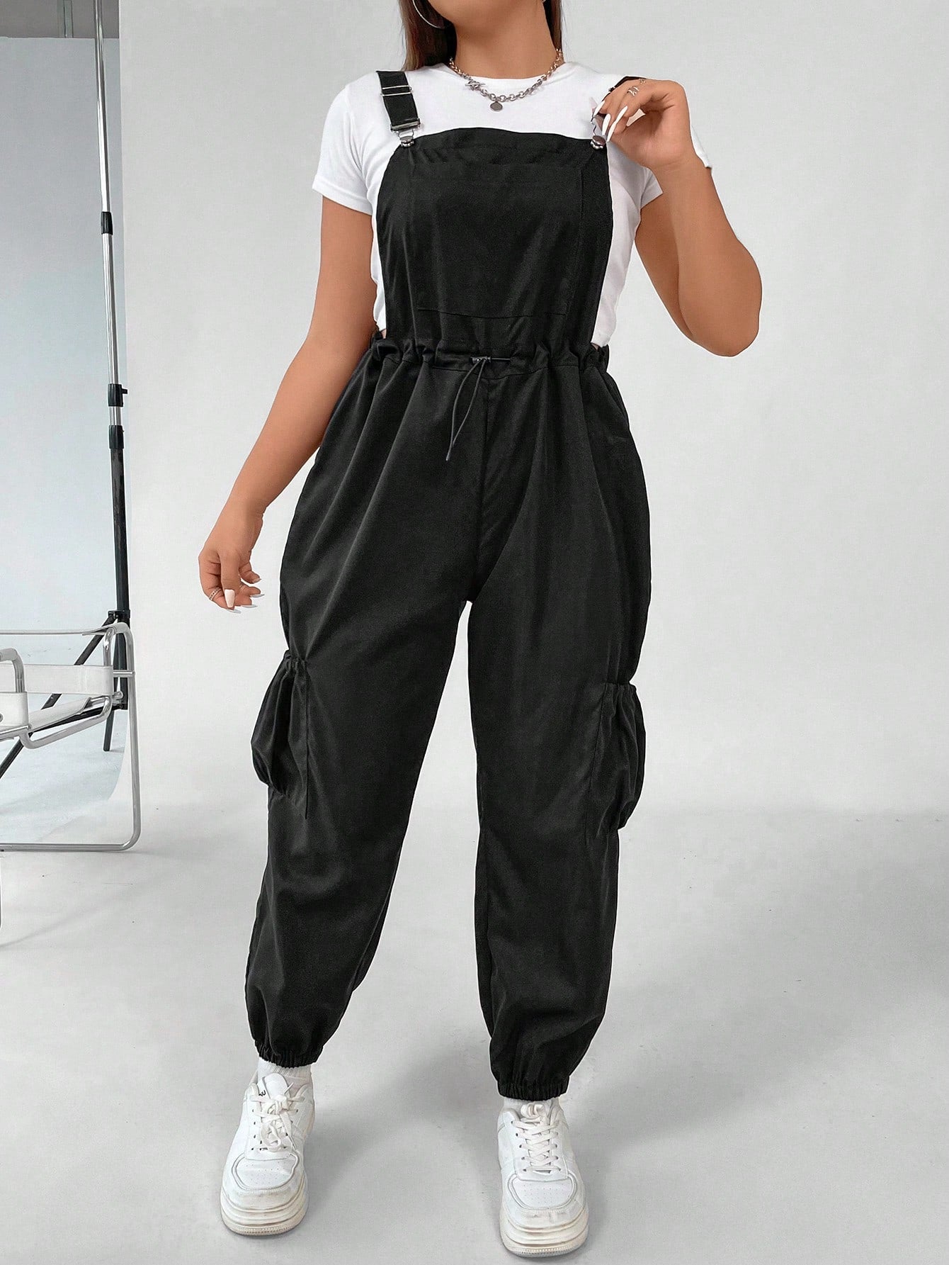 Plus Drawstring Waist Pocket Side Pinafore Jumpsuit Without Tee