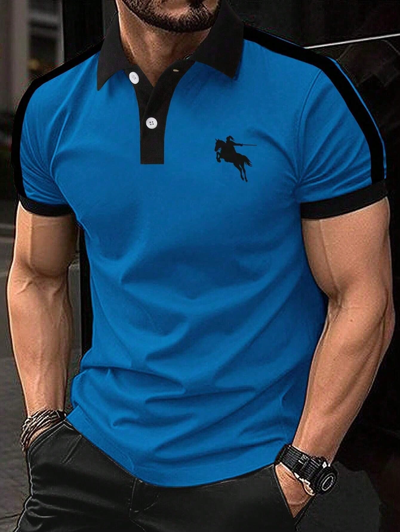Manfinity Men Plus Horse Print Contrast Side Seam Polo Shirt