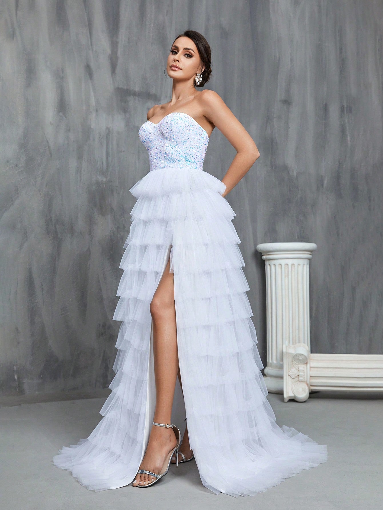 Contrast Sequin Split Thigh Prom Dress