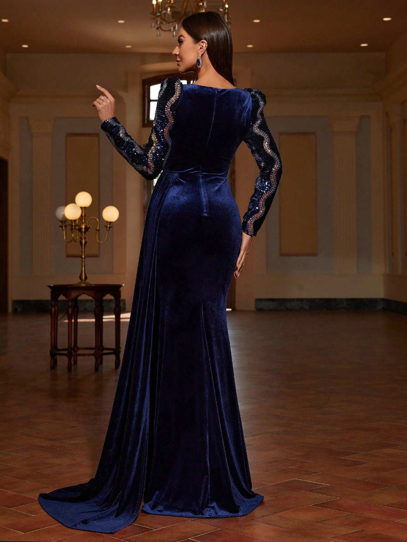 Contrast Sequin Ruched Front Velvet Formal Dress