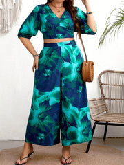 VCAY Women's Plus Size Floral Print V-Neck Crop Top And Wide Leg Pants Two Piece Set